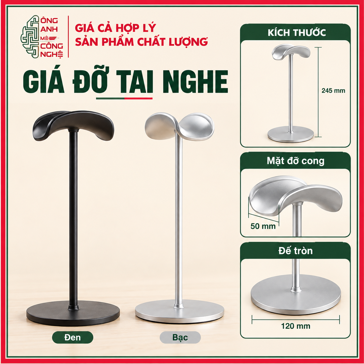 Giá Đỡ Tai Nghe Headphone Để Bàn Thân Nhôm Cao Cấp, Chân Đế Chắc Chắn, Decor Góc Setup